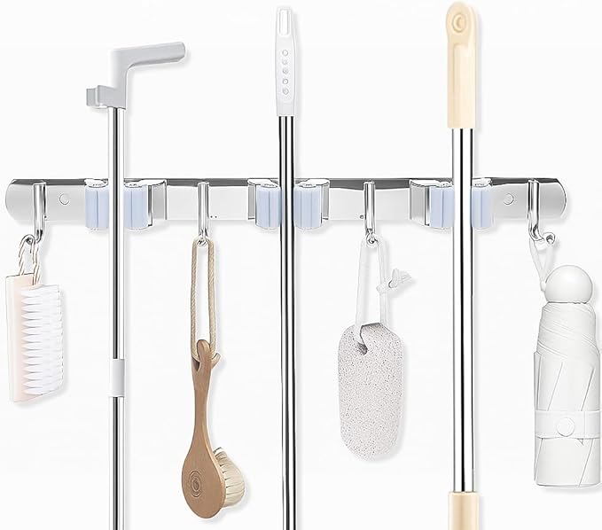 DGSL 1 PCS Broom Holder Wall Mount with 3 Racks 4 Hooks, Stainless Steel Wall Mounted Organizer Mop and Broom Storage Tool Rack for Home Kitchen Garden-NeatNest