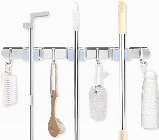 DGSL 1 PCS Broom Holder Wall Mount with 3 Racks 4 Hooks, Stainless Steel Wall Mounted Organizer Mop and Broom Storage Tool Rack for Home Kitchen Garden-NeatNest