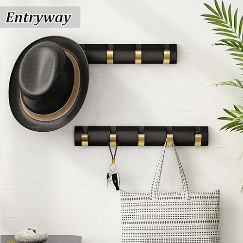 Coat Rack Wall Mounted with 5 Folding Hooks, 15.8 Inch Space Saving Wall Coat Hook, Black Gold Towel Hooks for Bathroom, Bedroom, Entryway, Hats, Scarves, Umbrella and Keys-NeatNest