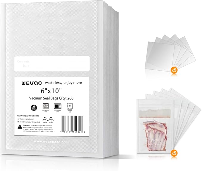 6" x 10" Precut Vacuum Sealer Bags, 200 Count, Includes 5 Liquid Block Bags & 5 Bone Guard Pieces, Heavy Duty for Food Storage, Sous Vide & Meal Prep, Wevac-NeatNest