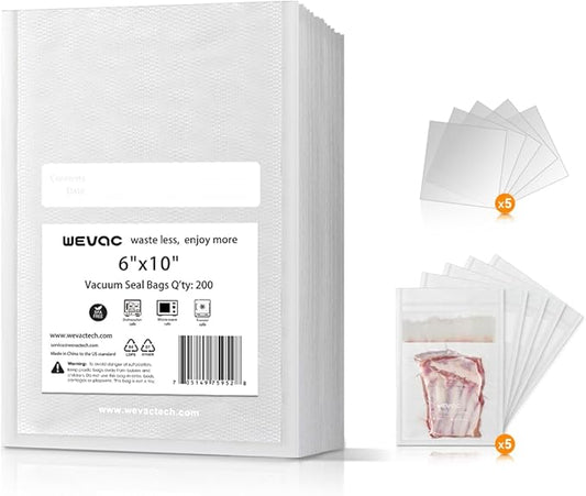 6" x 10" Precut Vacuum Sealer Bags, 200 Count, Includes 5 Liquid Block Bags & 5 Bone Guard Pieces, Heavy Duty for Food Storage, Sous Vide & Meal Prep, Wevac-NeatNest