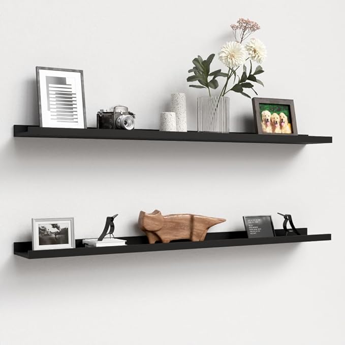 47.2 Inches Long Floating Shelves Wall Mounted, 2 Set Modern Wall Shelf for Bedroom, Nursery Book Shelf with Lip, Picture Ledge Shelf for Wall Decor Living Room Bathroom Kitchen - Black-NeatNest