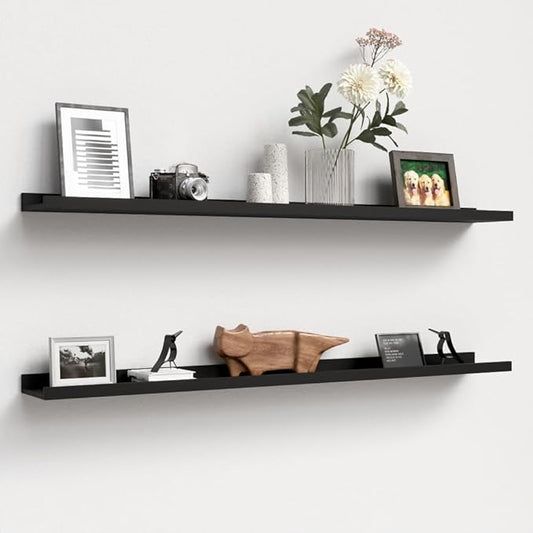 47.2 Inches Long Floating Shelves Wall Mounted, 2 Set Modern Wall Shelf for Bedroom, Nursery Book Shelf with Lip, Picture Ledge Shelf for Wall Decor Living Room Bathroom Kitchen - Black-NeatNest