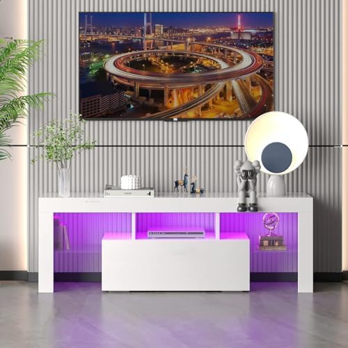 HOUAGI LED TV Stand for Televisions up to 55 Inchs, Black Modern Entertainment Center with Storage Drawer and Glass Shelf, TV Console Table for Living Room,Bedroom, 50in-NeatNest