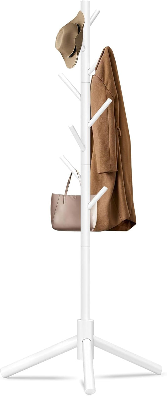 Durable Wooden Coat Rack, Freestanding Coat Rack with Stable Triangular Base, 8 Hooks & 3 Adjustable Heights, Simple Assembly for Bedroom, Hallway, Office(New White)-NeatNest