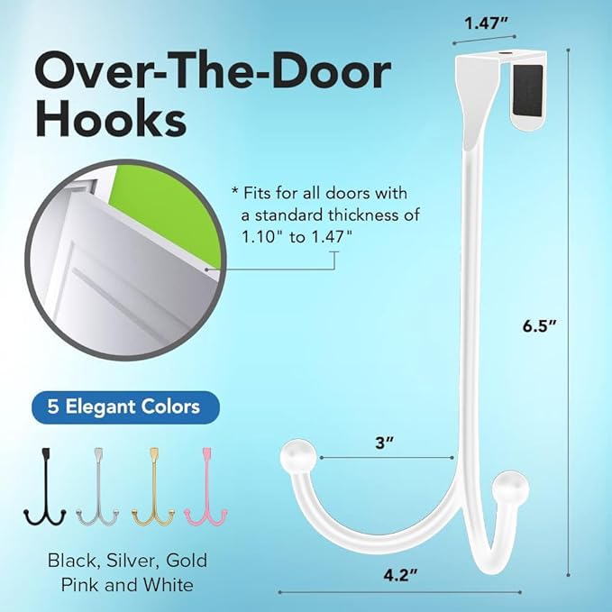 2-Pack Over The Door Hooks - with 2 Hang Heads & Snug Fit Pads Heavy Duty Hook for Hanging Coats, Towels, Caps & Robes - Elegant Matt Finish - No Drill Hanger Organizer - White