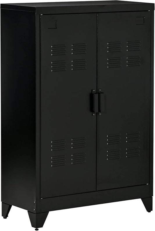 HOMCOM Industrial Storage Cabinet, Steel Garage Cabinet with Double Doors and Adjustable Shelves, Black