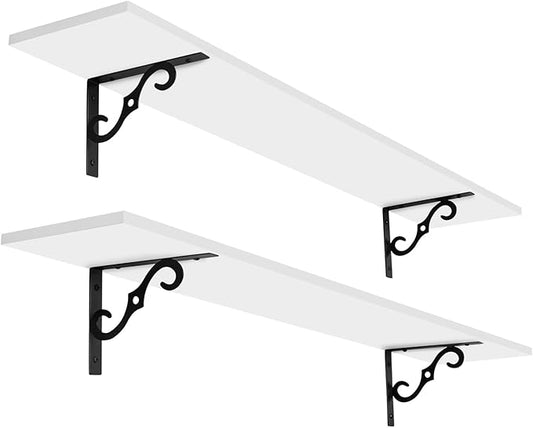 DINZI LVJ Long Wall Shelves, 47.3 Inch Large Floating Shelves Set of 2, Wide Display Shelf Wall Mounted with Brackets, Easy Hanging for Living Room, Toilet, Office, Bedroom, White-NeatNest