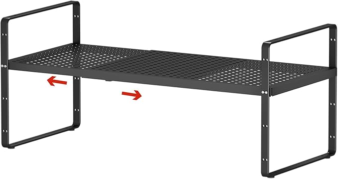 Expandable Cabinet Shelf Organizers, Stackable Metal Shelves Extender for Kitchen Countertop Storage, Adjustable Spices Shelves Rack Stand for Cupboard Pantry, Black-NeatNest