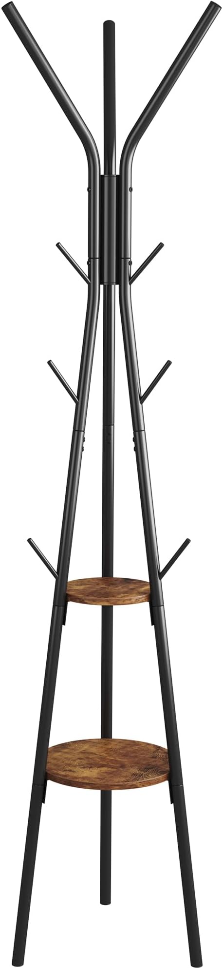 HOMEFORT Coat Rack, Coat Hanger Stand with 2 Shelves, Freestanding Hall Tree, Metal Hat Hanger with 12 Hooks for Clothes Hats and Scarves, Black and Rustic Brown,15.7" Wx15.7 Dx72.8H-NeatNest