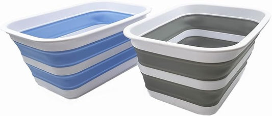 SAMMART 12L (3.17Gallon) Collapsible Tub - Portable Outdoor Picnic Tray - Portable Washing Basin - Space Saving Plastic Washtub (Grey + Baby Blue (Set of 2))