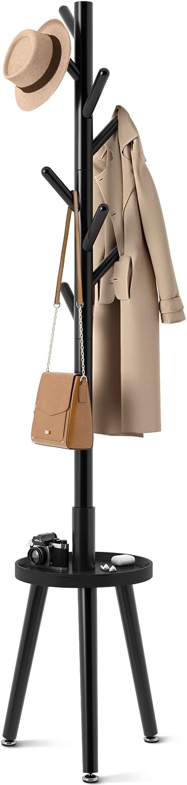 GREENSTELL Coat Rack with 8 Hooks, Wooden Coat Rack Freestanding with Shelf, Coat Tree with 4 Height Options 50.5"-72.6", Coat Hanger Stand for Bags, Clothes, Umbrellas, Hats, in Home, Black-NeatNest