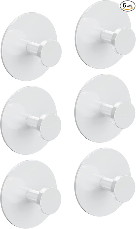 Adhesive Wall Hook for Coat and Towel: Extra Sticky 12 LB (Max), Stainless Coat Rack Door Holder Hanger, White 6-Pack Heavy Duty