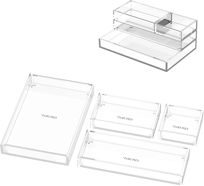 Clear Acrylic Desk Organizer for Office or Home Desk Drawer Dividers, Makeup Vanity Storage Bins, Stackable 4-Pack, Acrylic Accessory and Half Accessory Tray/Small Tray-NeatNest