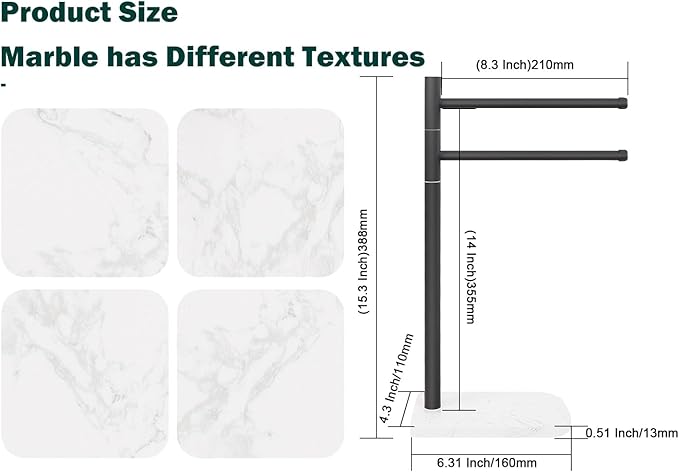 Hand Towel Holder, F-Shape Hand Towel Stand with Marble Base, Stainless Steel Swivel Hand Towel Rack Bar Standing for Bathroom Kitchen Countertop, 2 Arms (Matte Black)