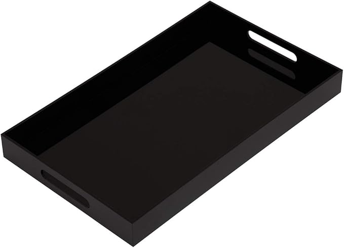 Glossy Black Sturdy Acrylic Serving Tray with Handles-12x20Inch-Serving Coffee,Appetizer,Breakfast,Butler-Kitchen Countertop Makeup Drawer Organizer-Vanity Table Ottoman Decorative Tray-NeatNest
