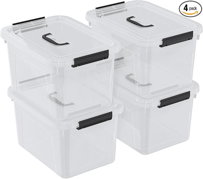 4 Pack 10.5 Quart Latching Storage Bin with Handle, Clear Latch Box