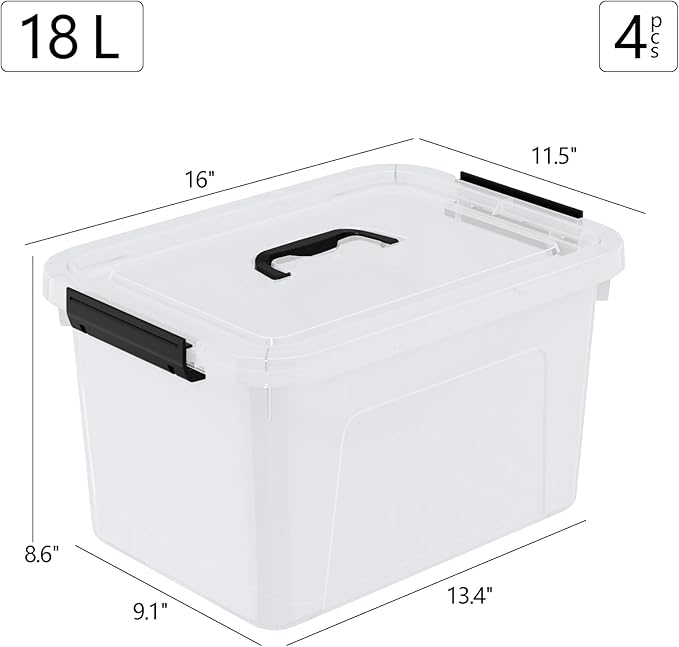 4-Pack 18 L Plastic Storage Box with Lid, Latching Storage Containers Bin, Clear