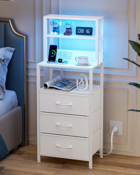 Furnulem Night Stand, Bedside Nightstand with 4-Tier Shelves and 3 Fabric Drawers, LED Bed Side Tables with Charging Station, Tall Bedside Table for Bedroom, Hallway, Office,White