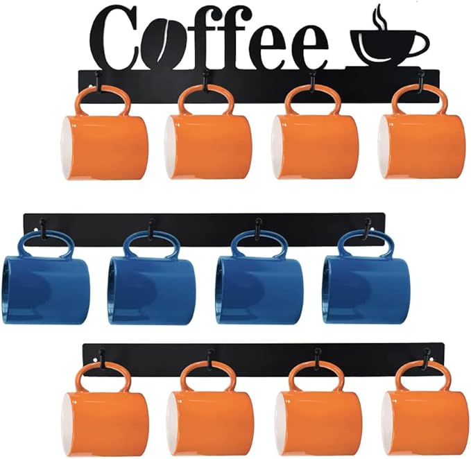 Coffee Mug Holder Wall Mount With 12 Hooks, 3 Packs Metal Mug Rack With Tea Sign, Cup Hanger for Bar Kitchen Organizer Display, Corner Nook Decor, Black-NeatNest