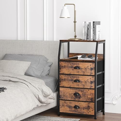 Furnulem Night Stand, Tall 4 Drawers Dresser for Bedroom, Hallway, Nursery, Closet Organizer, Nightstand Bedside Table Furniture, Vertical Storage Tower Fabric, Sturdy Steel Frame, Wood Top-NeatNest