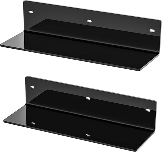 12 Inches Black Wall Shelves Set of 2, Acrylic Bathroom Shelves Wall Mounted for Home Décor, Plants, Cosmetics, Skincare, Moisture-Proof, 4'' Depth, 2 Pack-NeatNest