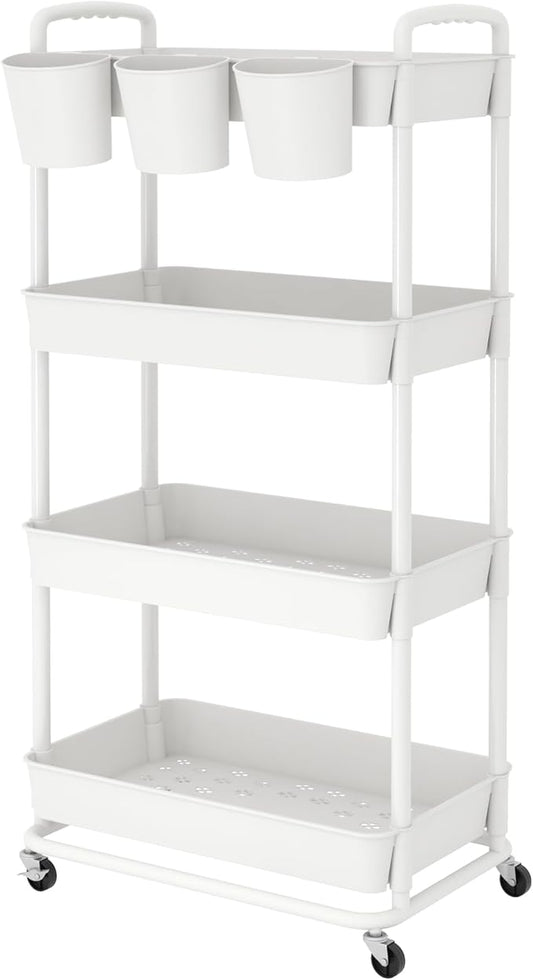 JIUYOTREE 4-Tier Plastic Rolling Storage Cart Utility Cart with Extra Hanging Cups Handles Lockable Wheels for Living Room Bathroom Kitchen Office White-NeatNest