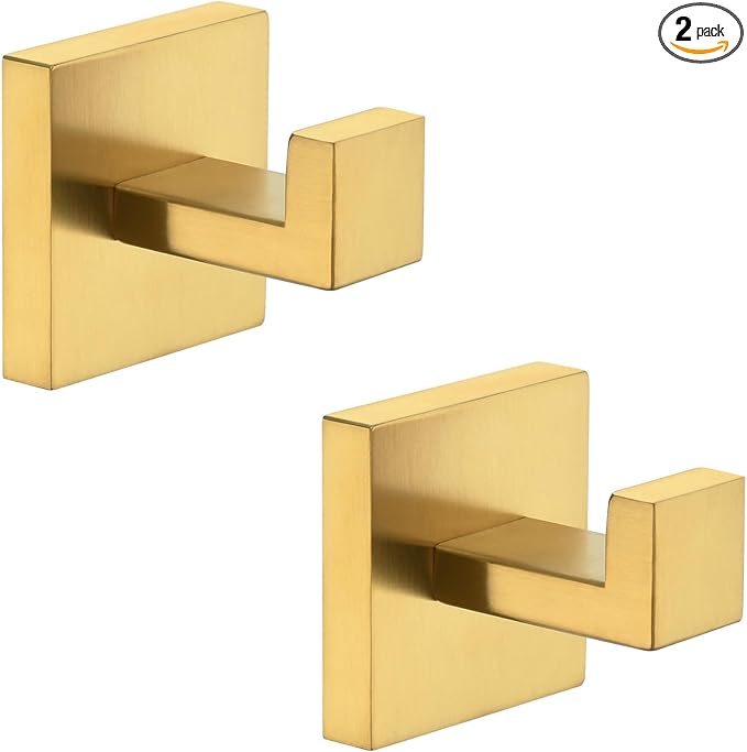 Angle Simple Towel Hook Brushed Gold 2 Pack, 304 Stainless Steel Square Robe Hook for Bathroom