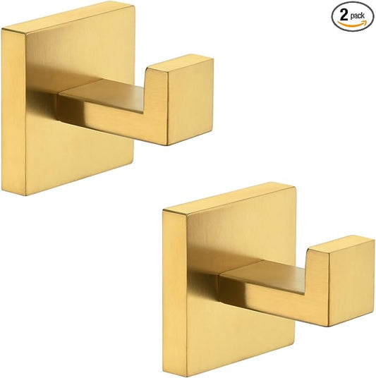 Angle Simple Towel Hook Brushed Gold 2 Pack, 304 Stainless Steel Square Robe Hook for Bathroom