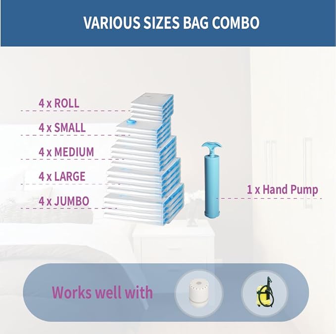 20 Pack Space Saver Vacuum Storage Bags for Clothing Travel, Vacuum Seal Compression Bags for Clothes, Packing, Luggage, Blankets, Comforters and Pillows, Hand Pump Included-NeatNest