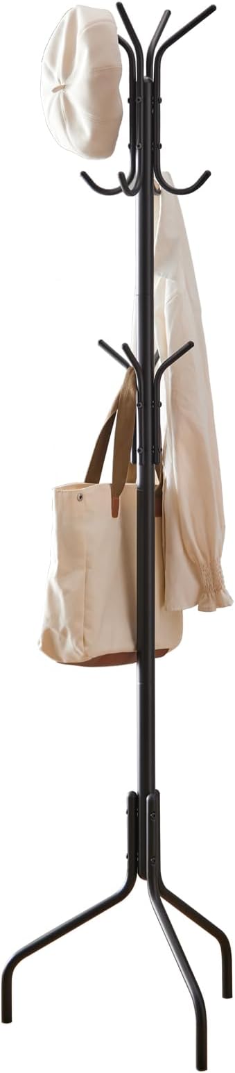 Coat Rack Freestanding,hat and coat rack stand for entryway,Living Room,Bedroom,Metal coat tree with12 Hooks and 3 Legs (Black)-NeatNest