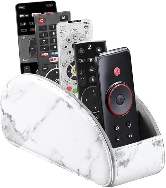 Arnice PU Leather Remote Holder, Arc Shape Caddy Desktop Organizer with 5 Spaces for TV, DVD Remotes, Media Controllers, Pen, Pencil, Office Supplies (White)-NeatNest