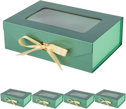5 Pcs Green Gift Box for Presents with Ribbon 10.8x7.5x3.5 Inches Clear Gift Box with Window Magnetic Closure Gift Boxes with Lids-NeatNest