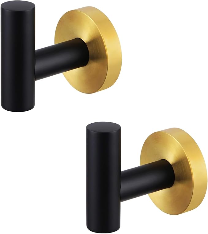 Kruodop Towel Hooks for Bathroom,2 Packs Wall Mount Towel Holder,Blak Gold Matte Wall Robe Hook,Stainless Steel Heavy Duty Door Hanger Towel Hook for Kitchen, Bedroom,Hotel,Pool,Coats