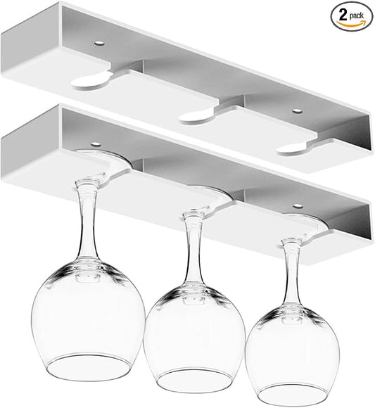 2 Pack Wine Glass Holder,Wine Glass Rack Punch-free Under Cabinet Wine Glass Holder Hanging Plastic Stemware Rack（White）