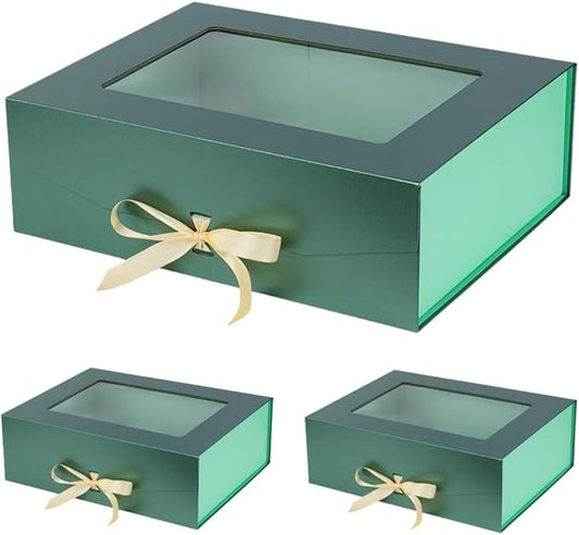 3 Pcs Green Extra Large Gift Box for Presents with Ribbon 16.5x13x5.3 Inches Clear Gift Box with Window Magnetic Closure Gift Boxes with Lids-NeatNest