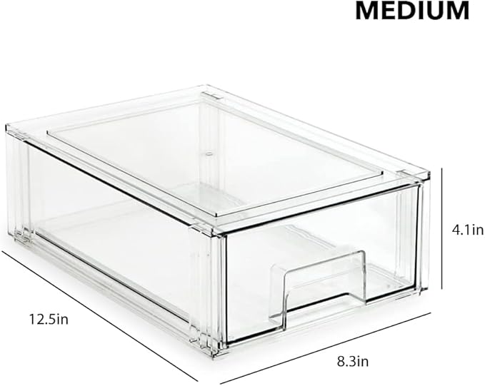 Isaac Jacobs Stackable Organizer Drawer Set (1 Medium, 1 Large), Clear Plastic Storage Boxes, Pull-Out Bins, Home, Office, Closet, Shoes, BPA-Free, Food/Fridge/Freezer Safe (1 Medium, 1 Large)