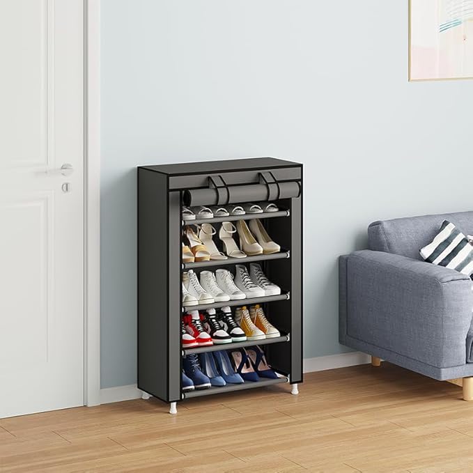 Calmootey 5 Tier Shoe Rack Organizer,Portable Shoe Shelf with Nonwoven Fabric Cover for Closet Hallway,Bedroom,Entryway,Grey-NeatNest