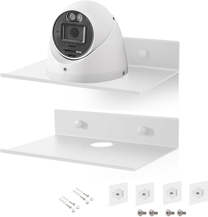 Small Floating Shelves, Adhesive Bluetooth Speaker Shelf, Renter Friendly Floating Corner Shelves with Cable Clip, Wall Mounted, Display Shelf for Smart Speaker, White, Aluminum, 6 inch, 2 Pack-NeatNest
