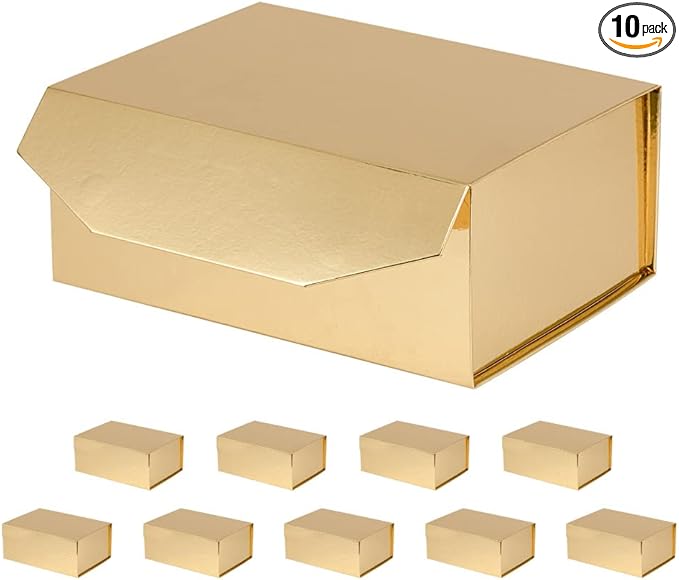 10 Small Gold Gift Boxes 9.5x7x4 Inches, Magnetic Gift Box with Lid for Gift Packaging, Wholesale gift boxes for Presents, Bridesmaid Proposal Boxes (Glossy Gold, 10pcs/pack)-NeatNest