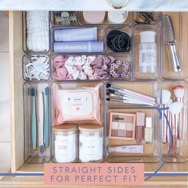Fifteen Pieces. Plastic Clear Drawer Organizers. Bathroom, Kitchen, Bedroom, Utensils, Office Organizer Bins, Storage Trays. Heavy Duty, Stackable 5 Sizes.-NeatNest