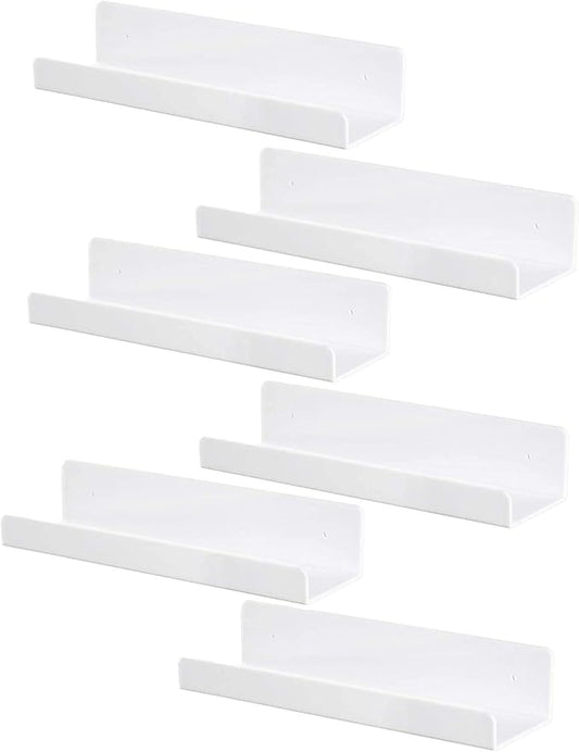 6 PCS Wall Mounted Acrylic Floating Shelf 15 Inch White Ledge Shelf, Nursery Kids Bookshelf 5MM Thick Bathroom Storage Shelves Toy Display Organizer-NeatNest
