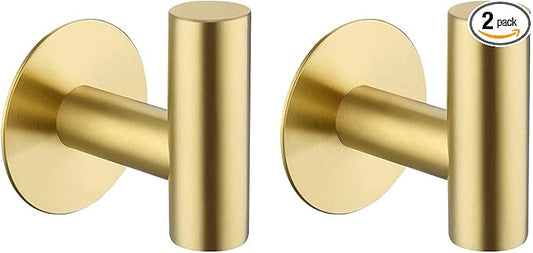 Adhesive Hooks Towel Hooks for Bathroom, Stainless Steel Waterproof Shower Hook Towels Holders, Coat Hook for Hanging Clothes, Wall Hooks Stick on Bathroom or Kitchen - 2 Pack, Gold