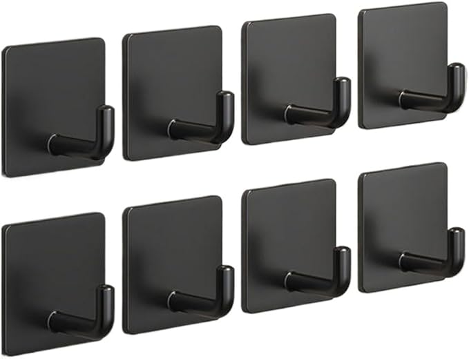 Adhesive Hooks for Hanging, Self-Adhesive Wall Hook for Key Hat Coat, No Drill Stick on Bathroom Towel Hooks, Shower Kitchen Door Home Outdoor 8 Pack, Black
