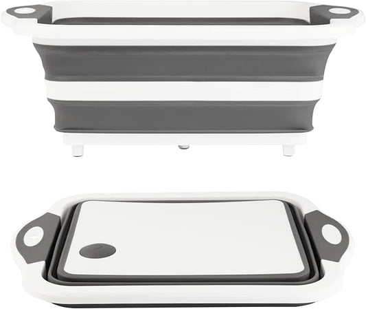 Collapsible BBQ Prep Tub/Cutting Board 10L, Foldable Dish Tub with Colander, Portable Camping Sink, Multifunction Dishing Basin Bucket Wash Tub for Kitchen Fruit Vegetable Picnic (Gray)-NeatNest