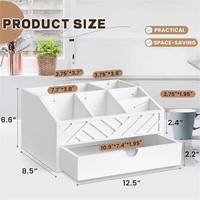 Coffee Bar Organizer with Drawer, Coffee Station Organizer for Countertop, Wood Coffee Bar Accessories Organizer for Coffee Bar Decor, Farmhouse Coffee Cup Pod Holder Condiment Organizer(White)-NeatNest
