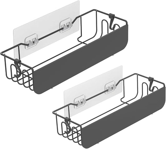 Epock Adhesive Shower Caddy Shelf Rack, 2 Pack No Drilling bathroom organizers for storage with 4 hooks, Black
