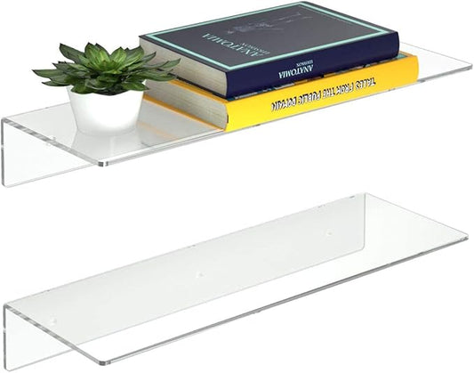 FEMELI 2 PCS 17" Acrylic Floating Shelves, Clear Shelf for Display, Plant, Perfume, Book in Bedroom Living Room Office, 5mm Thick Wall-Mounted Acrylic Shelves for Wall