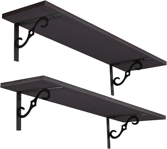 DINZI LVJ Long Wall Shelves, 23.6 Inch Large Floating Shelves Set of 2, Wide Display Shelf Wall Mounted with Brackets, Easy Hanging for Living Room, Toilet, Office, Bedroom, Espresso-NeatNest