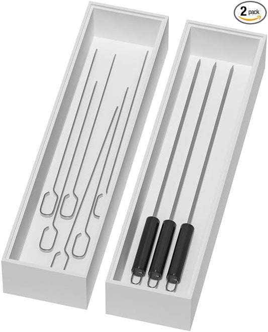 Bamboo Drawer Organizer, Narrow Silverware Organizer for Kitchen, Stackable Utensil Organizer, 2 Pcs Flatware Organizer for Drawer, Wooden Storage Box Tray (White, 12 X 3 X 2 Inch)-NeatNest